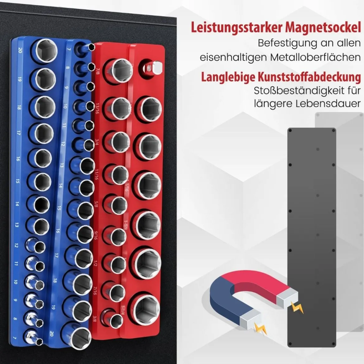 6 Stk. Steckschlüssel Halter magnetisch 1/2-Zoll-, 3/8-Zoll- und 1/4-Zoll Aufsteckschiene für Stecknüsse