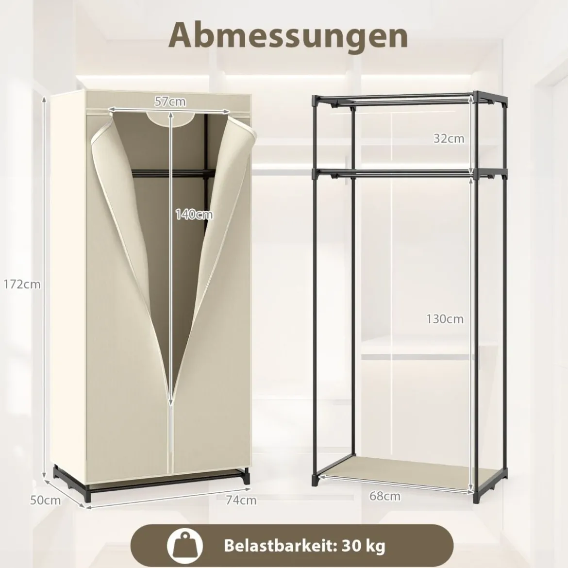 Stoff Kleiderschrank mit Kleiderstange & Ablage Stoffschrank Faltschrank Stoffkleiderschrank