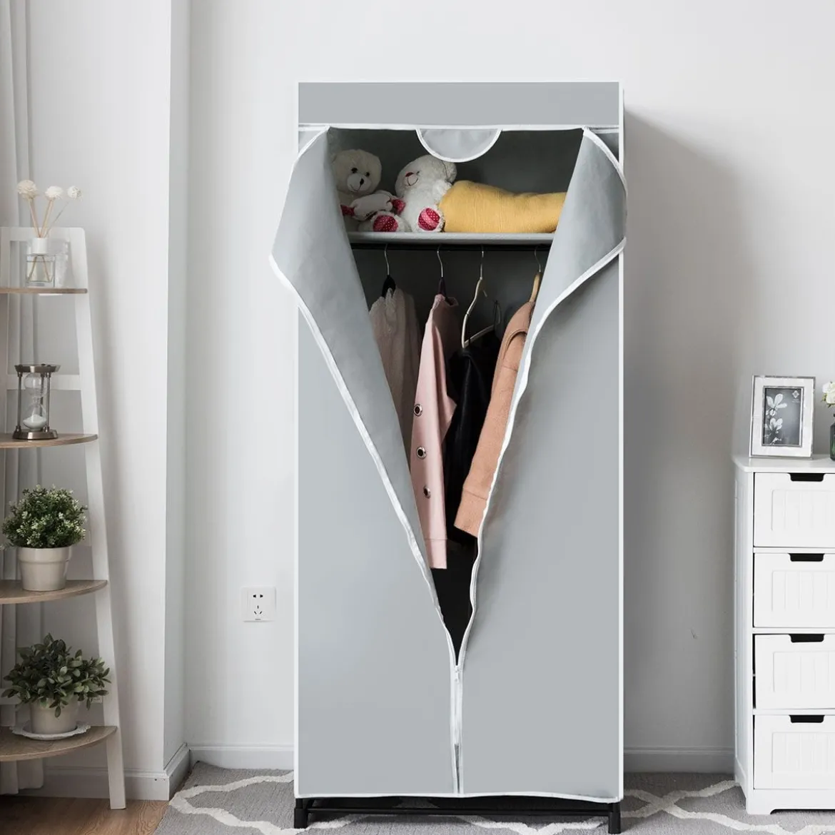 Stoff Kleiderschrank mit Kleiderstange & Ablage Stoffschrank Faltschrank Stoffkleiderschrank