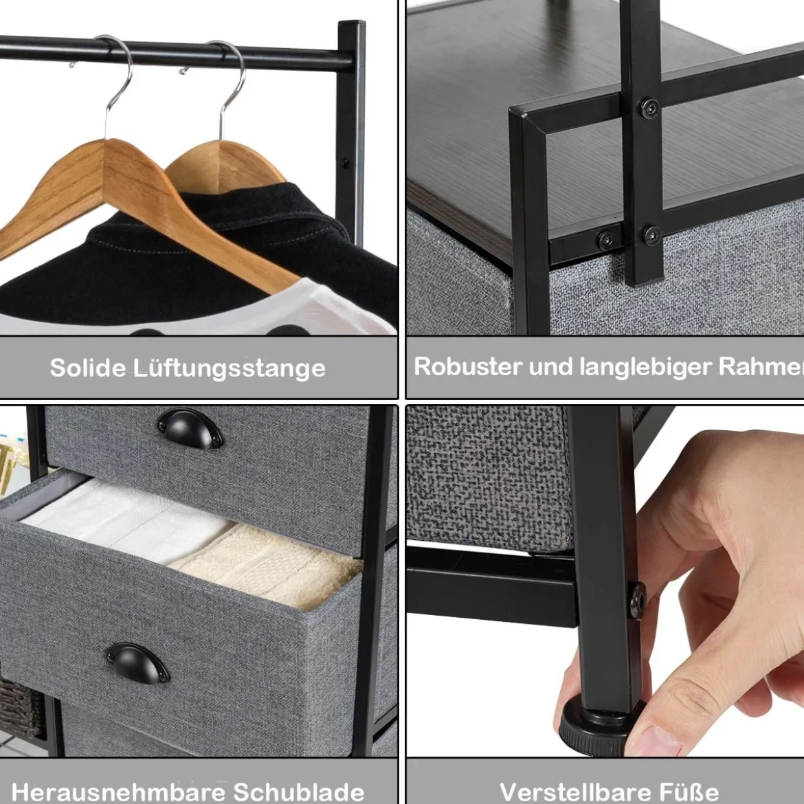 Stoffschrank mit Kleiderstange mit 8 Schubladen 146 x 29,5 x 190 cm Schwarz + Grau