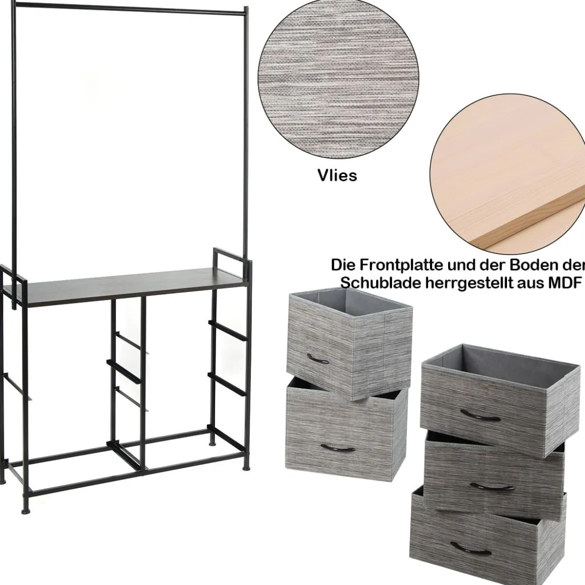 Stoffschrank mit Kleiderstange mit 8 Schubladen 146 x 29,5 x 190 cm Schwarz + Grau