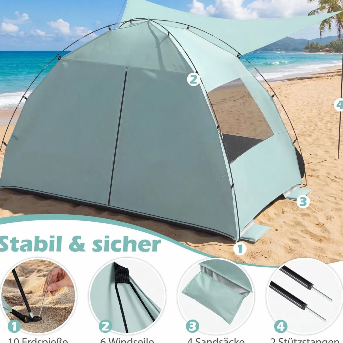 Strandmuschel mit Vordach Strandzelt UV-Schutz 50+ mit Reißverschlusstüren & Netzfenstern Grün