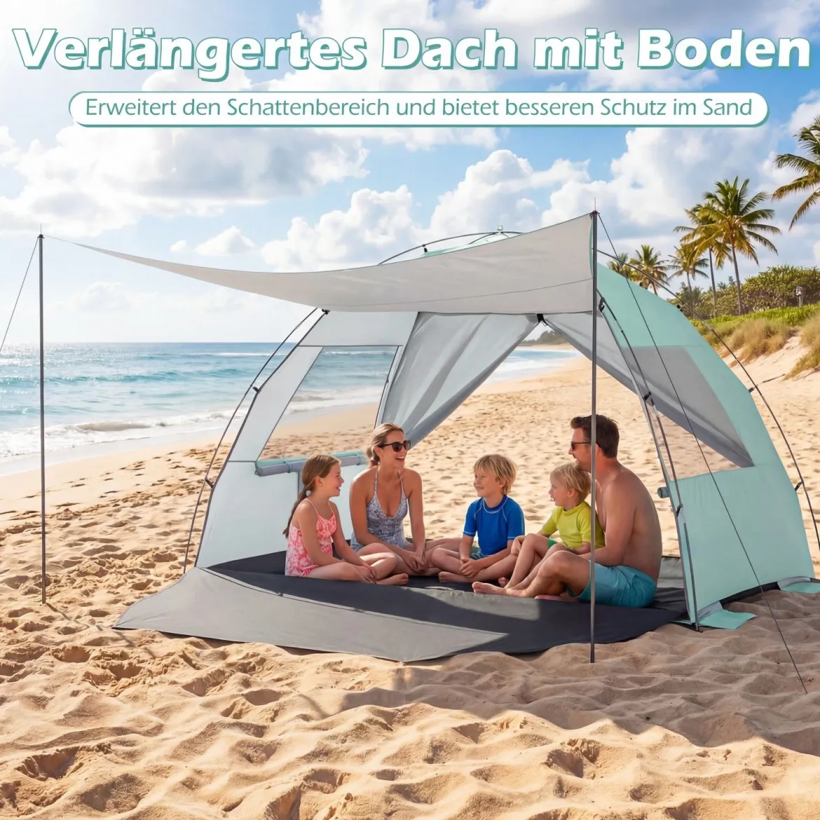 Strandmuschel mit Vordach Strandzelt UV-Schutz 50+ mit Reißverschlusstüren & Netzfenstern Grün