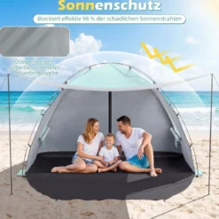 Strandmuschel mit Vordach Strandzelt UV-Schutz 50+ mit Reißverschlusstüren & Netzfenstern Grün