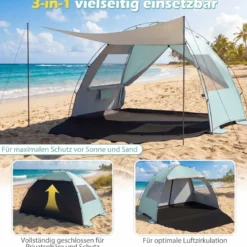 Strandmuschel mit Vordach Strandzelt UV-Schutz 50+ mit Reißverschlusstüren & Netzfenstern Grün