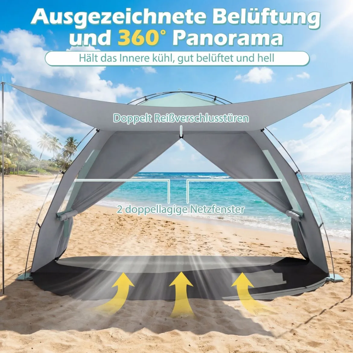 Strandmuschel mit Vordach Strandzelt UV-Schutz 50+ mit Reißverschlusstüren & Netzfenstern Grün