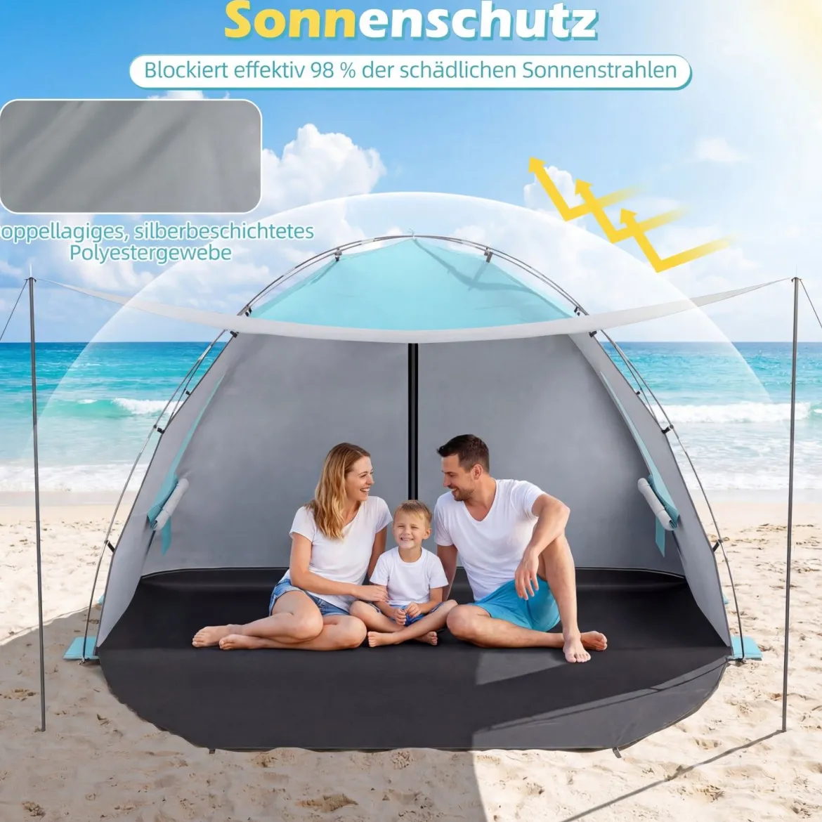 Strandmuschel mit Vordach Strandzelt UV-Schutz 50+ mit Reißverschlusstüren & Netzfenstern Blau