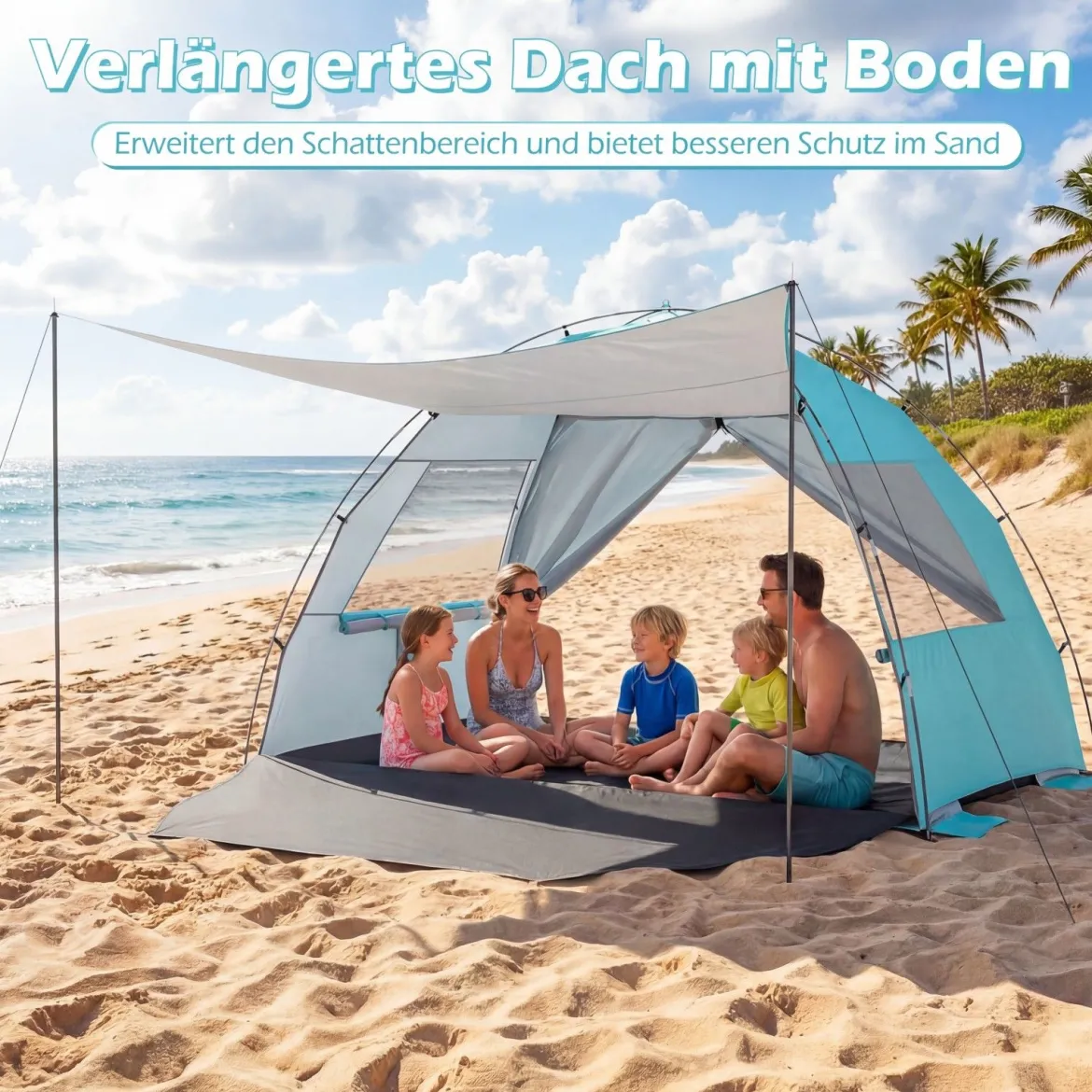 Strandmuschel mit Vordach Strandzelt UV-Schutz 50+ mit Reißverschlusstüren & Netzfenstern Blau