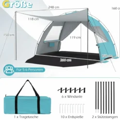 Strandmuschel mit Vordach Strandzelt UV-Schutz 50+ mit Reißverschlusstüren & Netzfenstern Blau