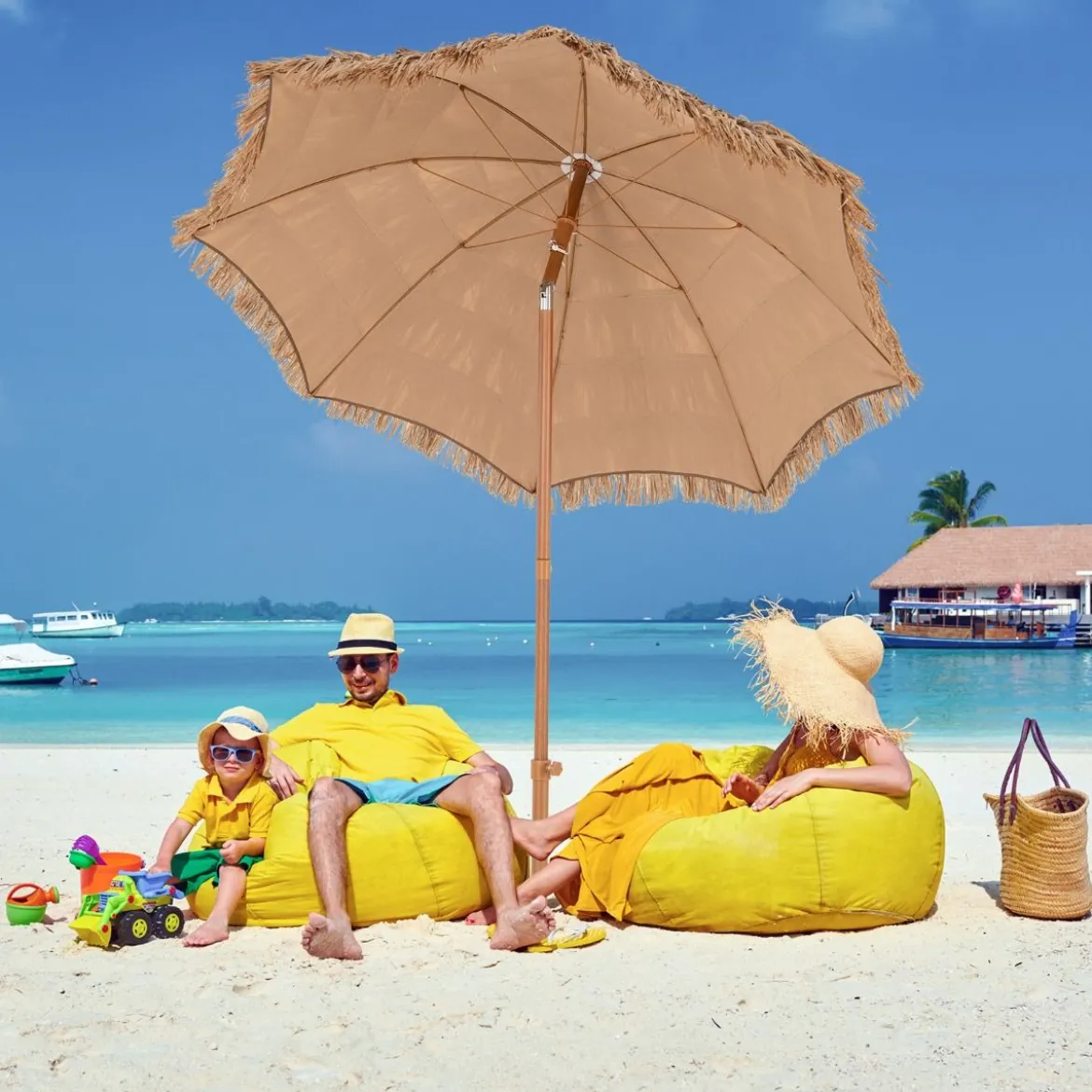 Strandschirm im Hawaii-Stil mit Klappbarem Ständer & Neigungsknopf & Tragetasche Tiki Schirm