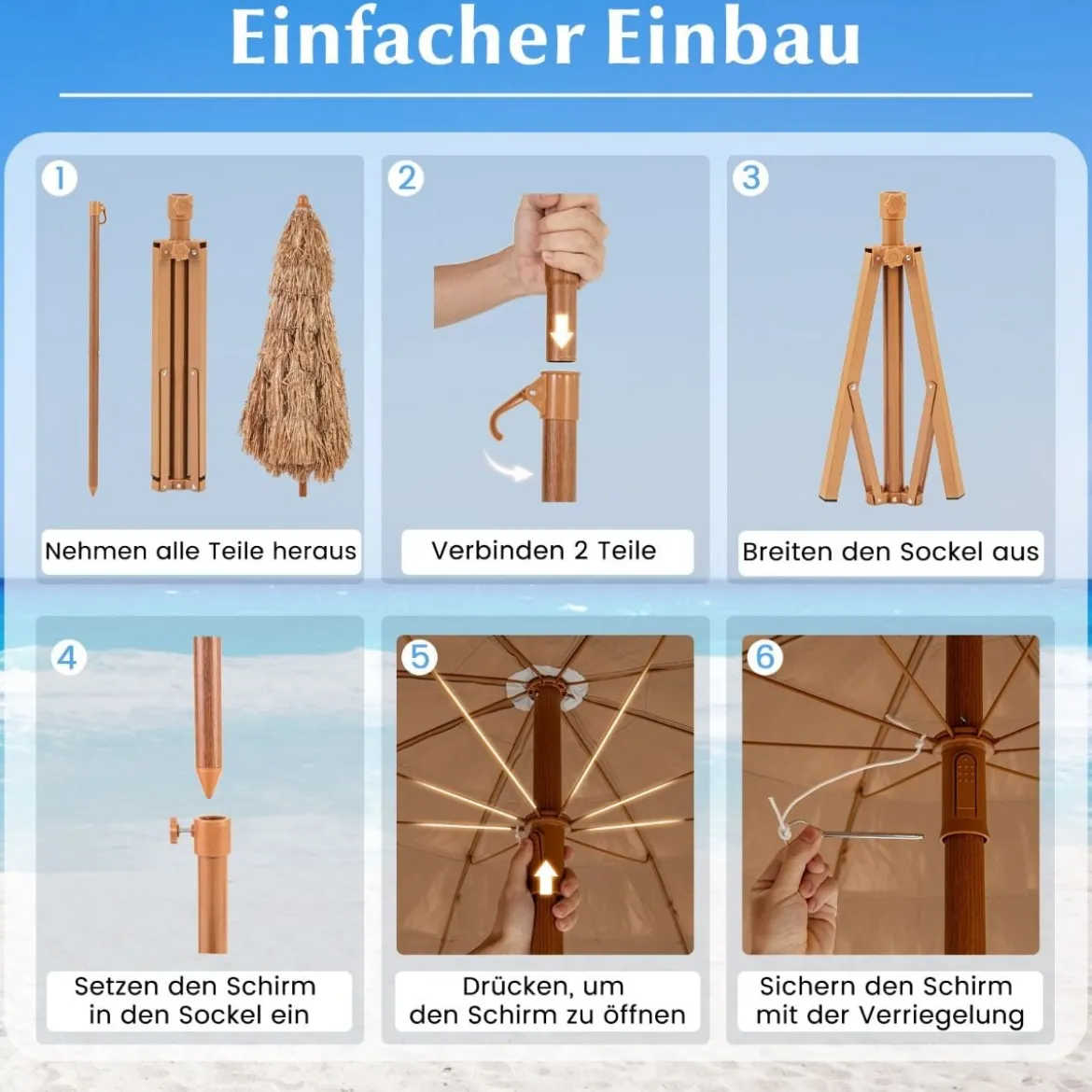 Strandschirm im Hawaii-Stil mit Klappbarem Ständer & Neigungsknopf & Tragetasche Tiki Schirm