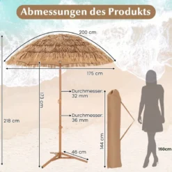Strandschirm im Hawaii-Stil mit Klappbarem Ständer & Neigungsknopf & Tragetasche Tiki Schirm