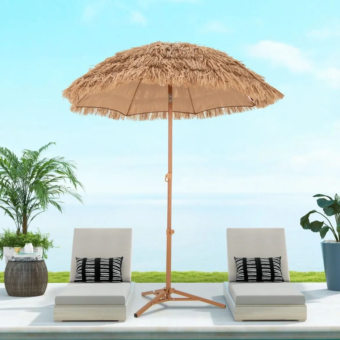 Strandschirm im Hawaii-Stil mit Klappbarem Ständer & Neigungsknopf & Tragetasche Tiki Schirm