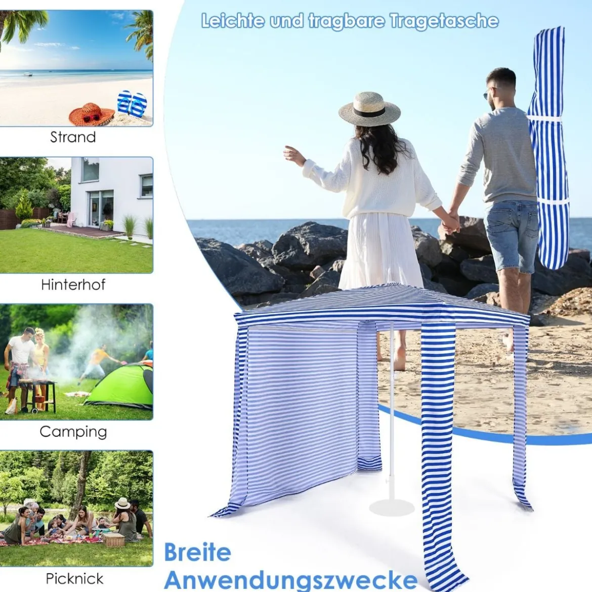 Strandschirm mit Seitenwand Sonnenschirm Strandkabine 202 x 202 x 233-270 cm Marineblau