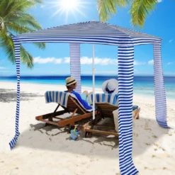 Strandschirm mit Seitenwand Sonnenschirm Strandkabine 202 x 202 x 233-270 cm Marineblau