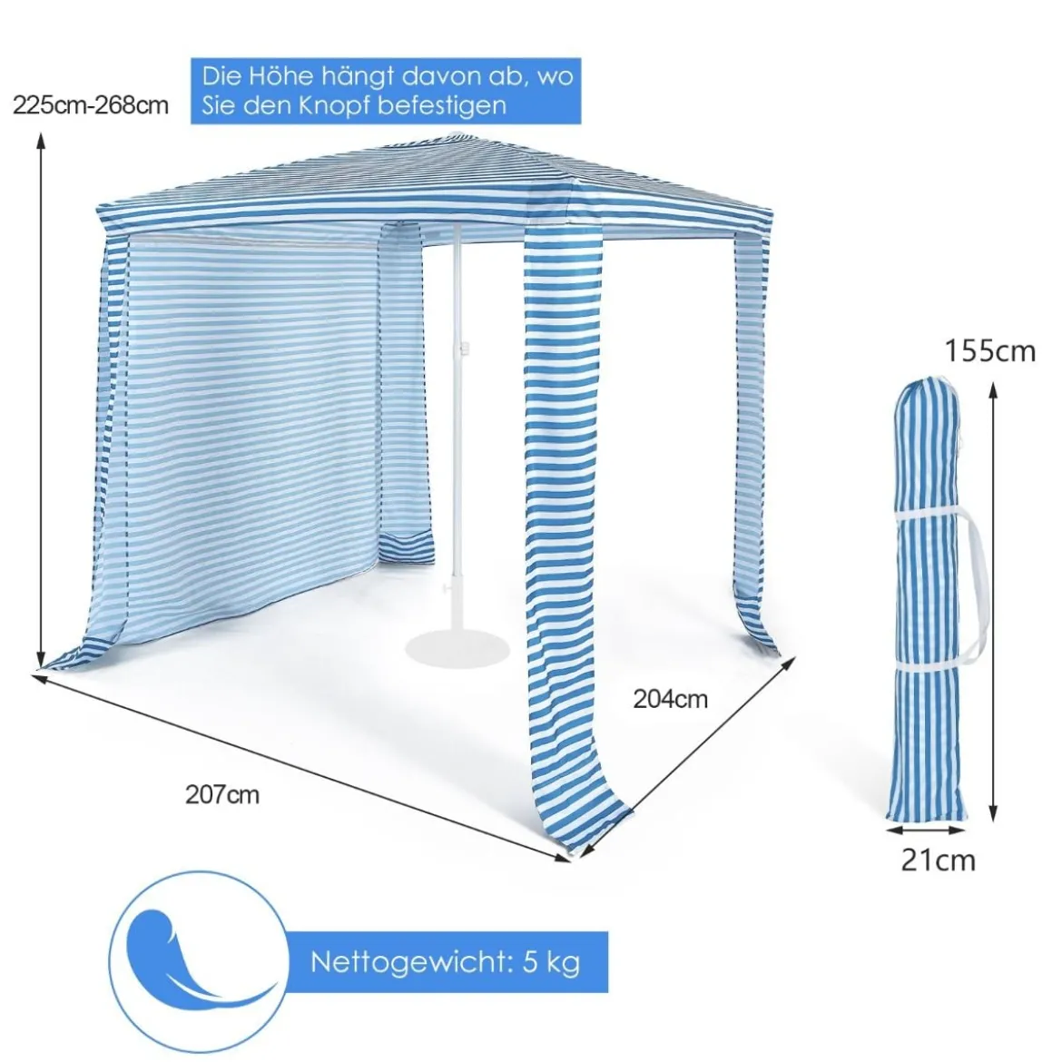 Strandschirm mit Seitenwand Sonnenschirm Strandkabine 202 x 202 x 233-270 cm Marineblau