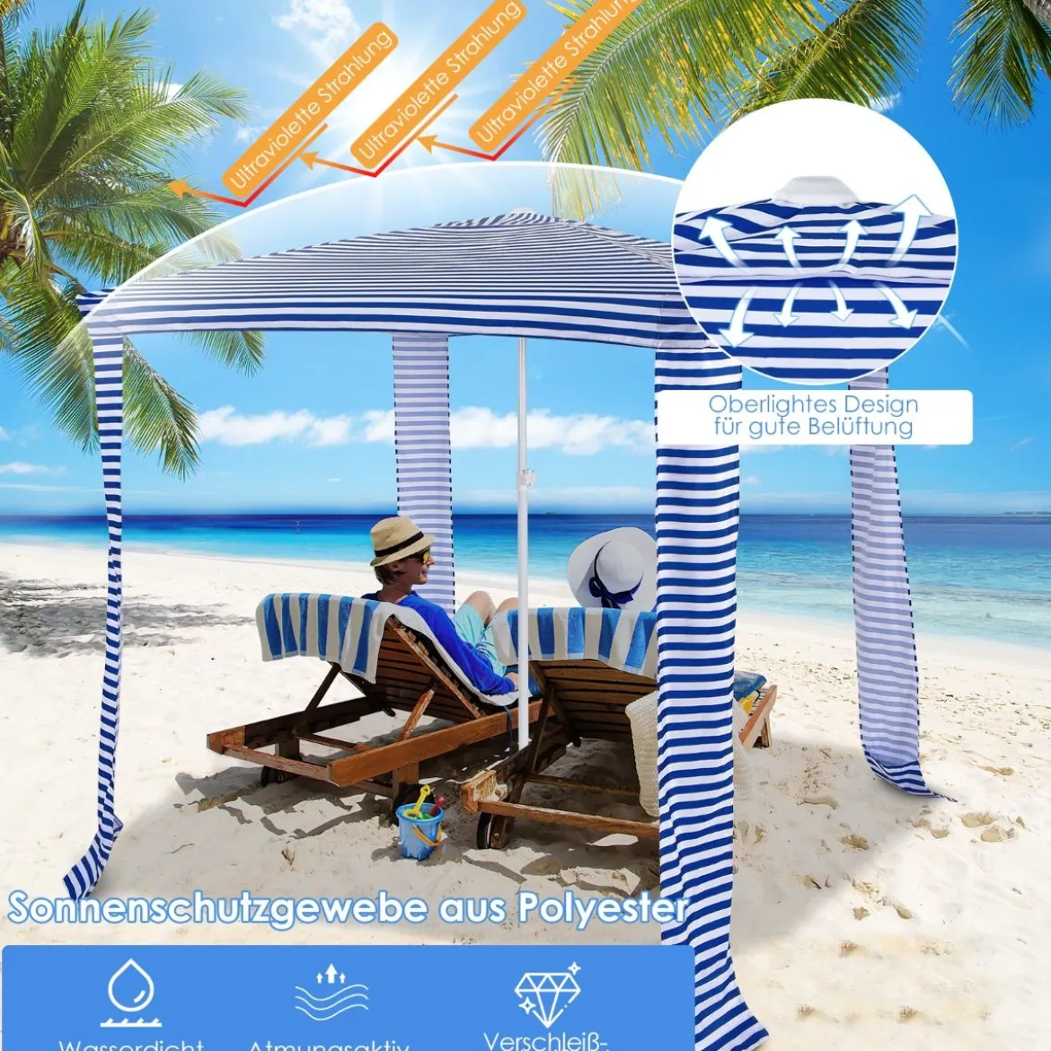 Strandschirm mit Seitenwand Sonnenschirm Strandkabine 202 x 202 x 233-270 cm Marineblau