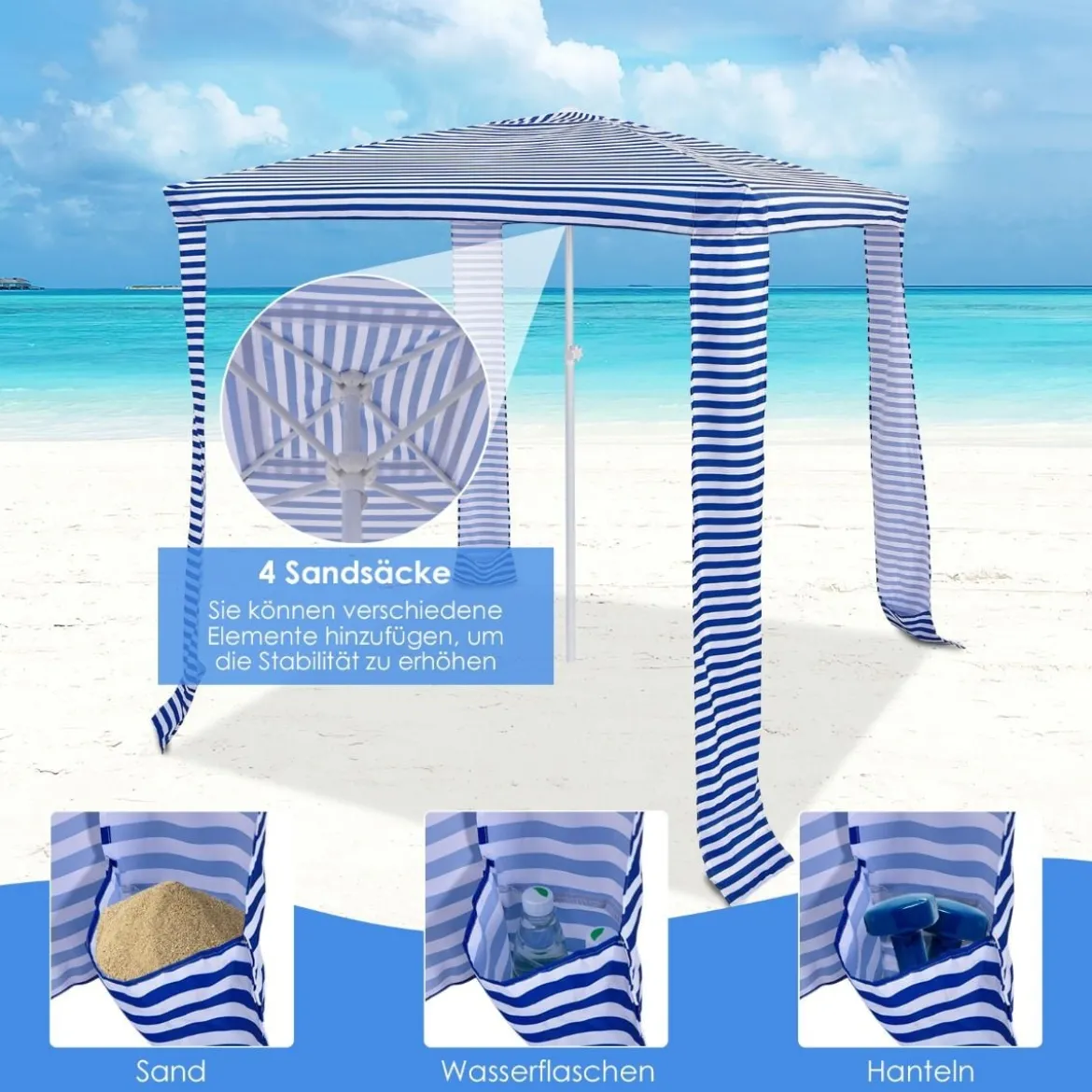 Strandschirm mit Seitenwand Sonnenschirm Strandkabine 202 x 202 x 233-270 cm Marineblau