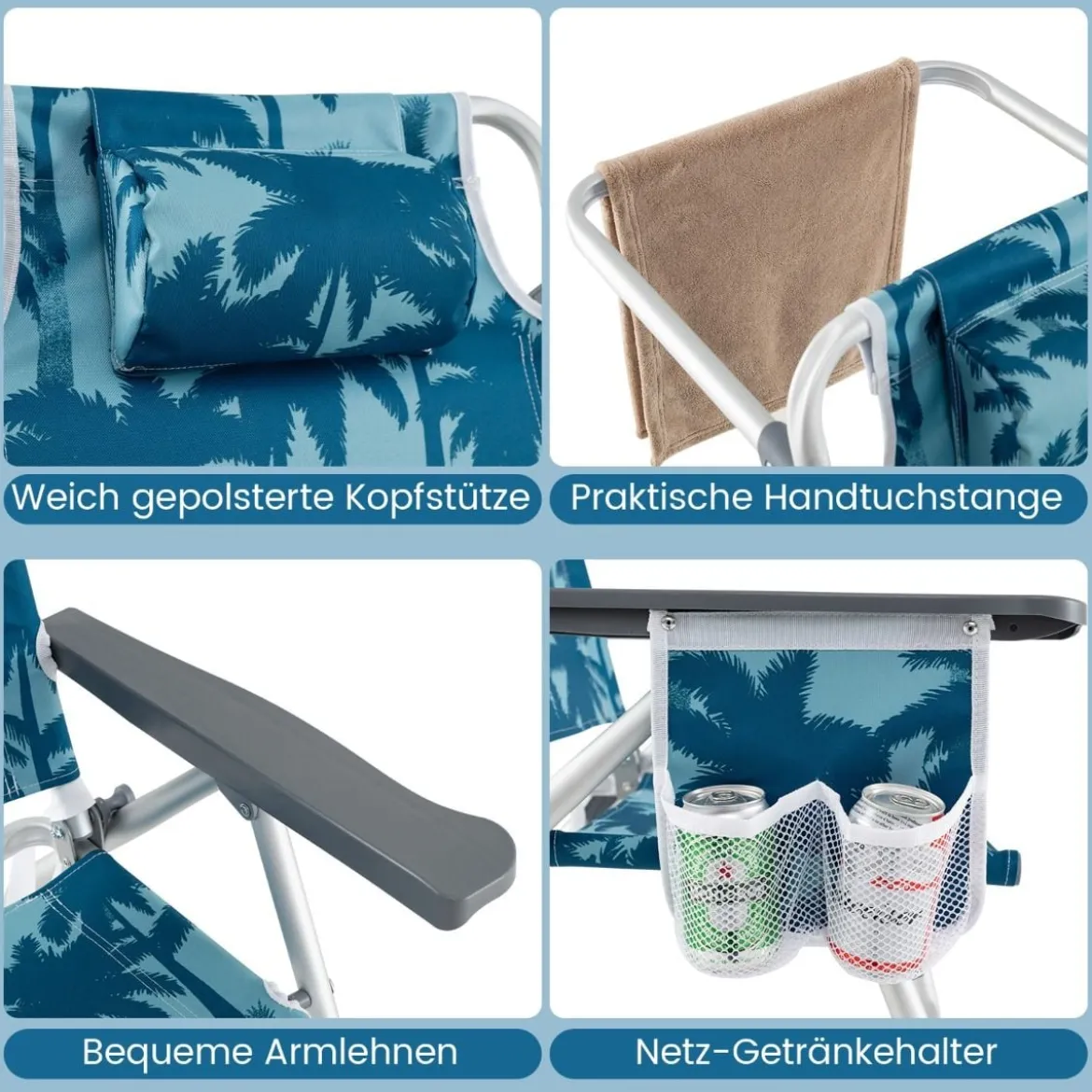 Strandstühle mit Tisch klappbare Campingstühle mit verstellbarer Rückenlehne Klappstühle leicht Blau