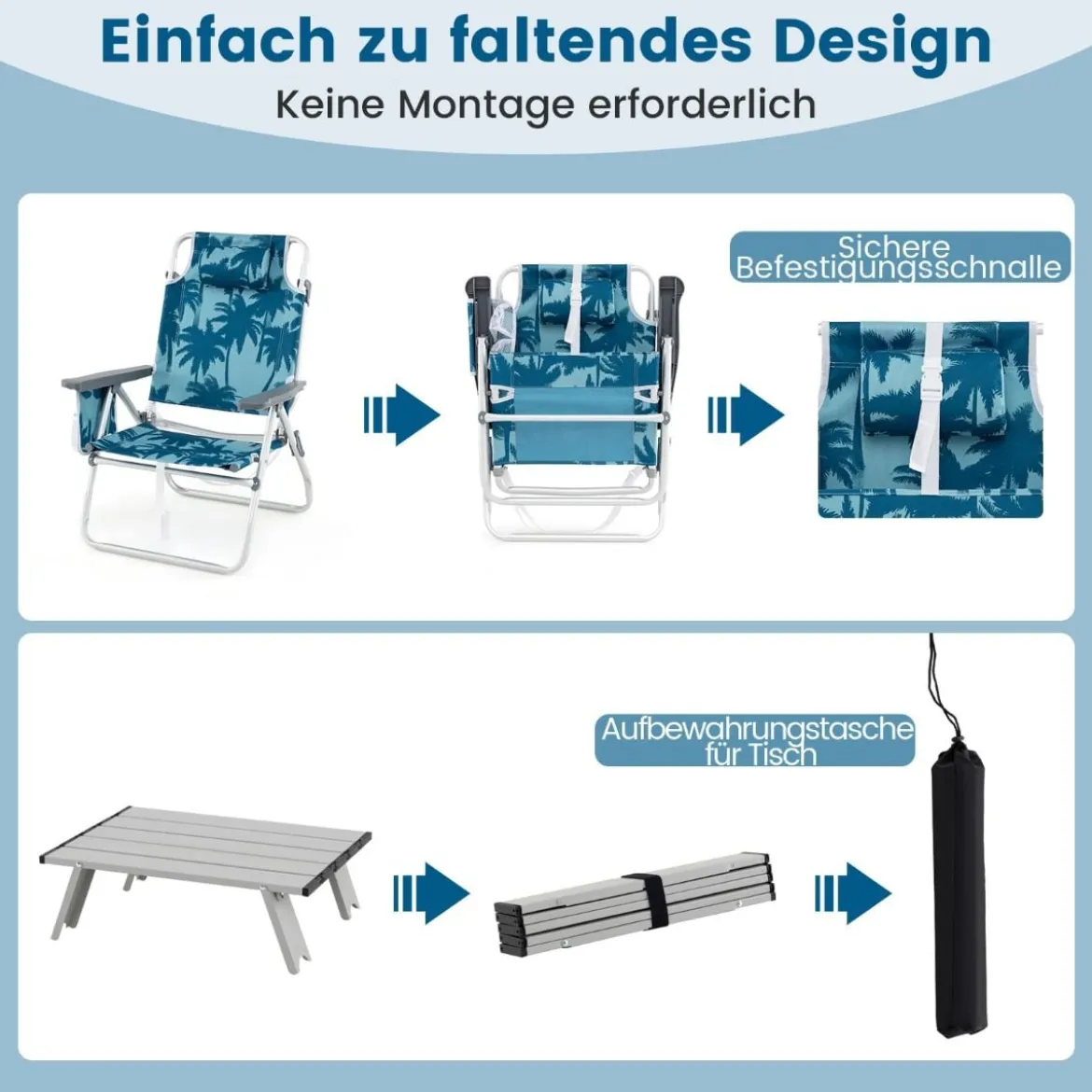 Strandstühle mit Tisch klappbare Campingstühle mit verstellbarer Rückenlehne Klappstühle leicht Blau