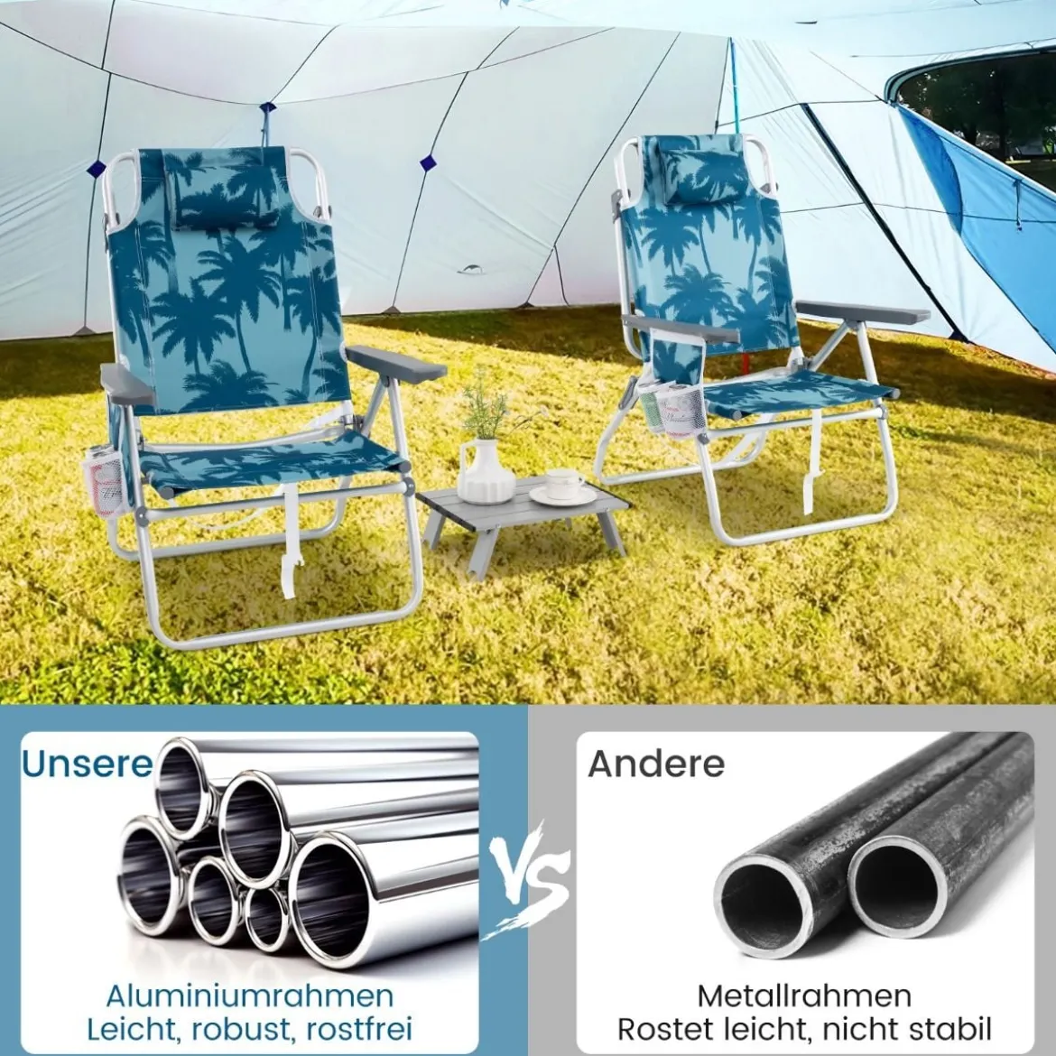 Strandstühle mit Tisch klappbare Campingstühle mit verstellbarer Rückenlehne Klappstühle leicht Blau
