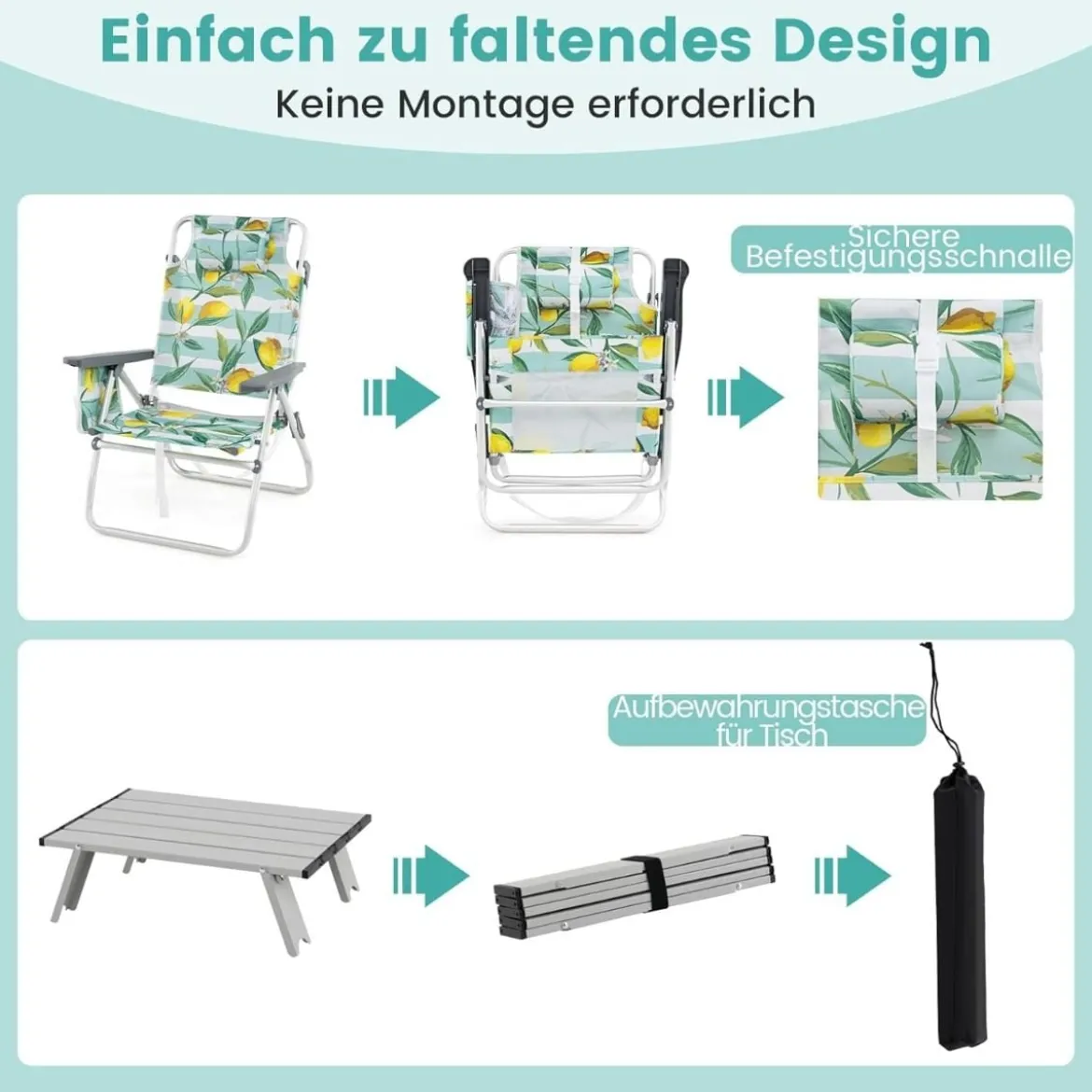 Strandstühle mit Tisch Klappbare Campingstühle mit Verstellbarer Rückenlehne Klappstühle Grün