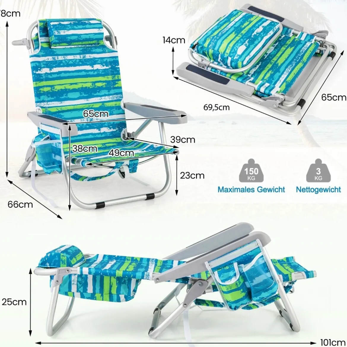 Strandstühle 1/2 x Strandstuhl klappbare Campingstühle mit Verstellbarer Rückenlehne