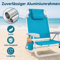 Strandstuhl 2er Set Campingstuhl Faltbar mit Verstellbarer Rückenlehne & Kopfstütze Türkis