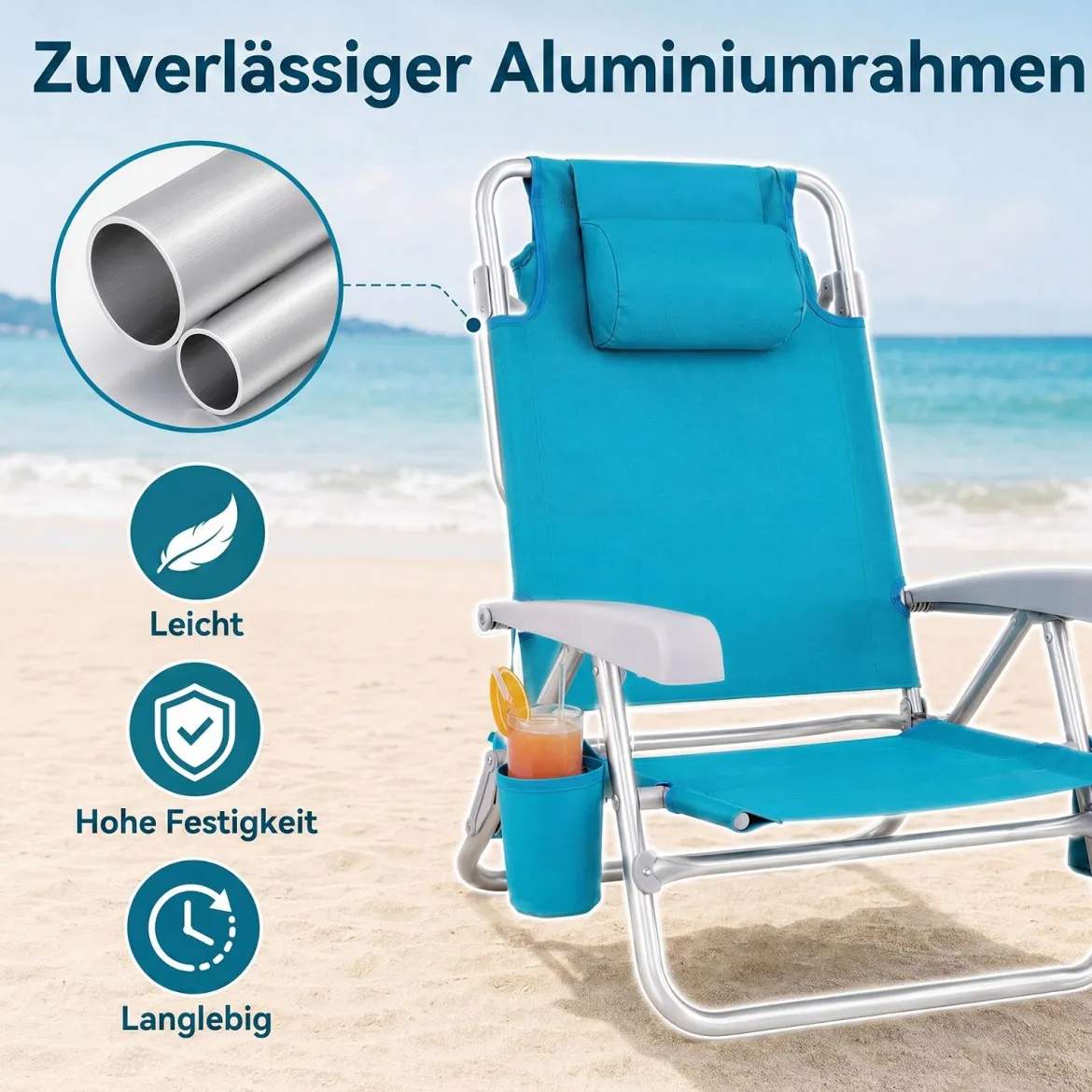 Strandstuhl 2er Set Campingstuhl Faltbar mit Verstellbarer Rückenlehne & Kopfstütze Türkis