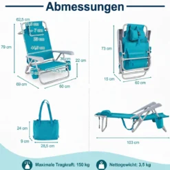 Strandstuhl 2er Set Campingstuhl Faltbar mit Verstellbarer Rückenlehne & Kopfstütze Türkis