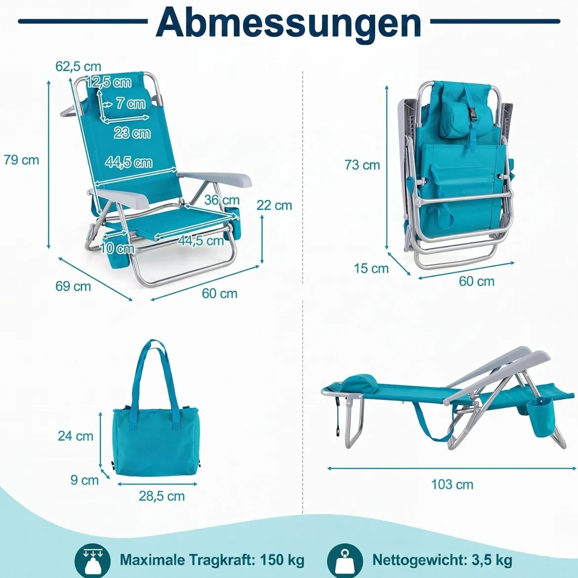 Strandstuhl 2er Set Campingstuhl Faltbar mit Verstellbarer Rückenlehne & Kopfstütze Türkis