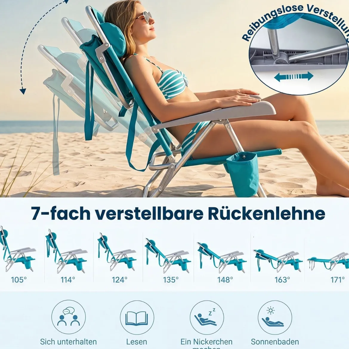 Strandstuhl 2er Set Campingstuhl Faltbar mit Verstellbarer Rückenlehne & Kopfstütze Türkis
