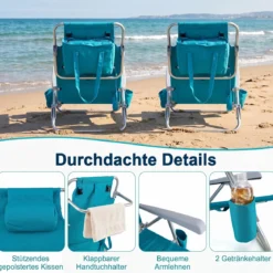 Strandstuhl 2er Set Campingstuhl Faltbar mit Verstellbarer Rückenlehne & Kopfstütze Türkis