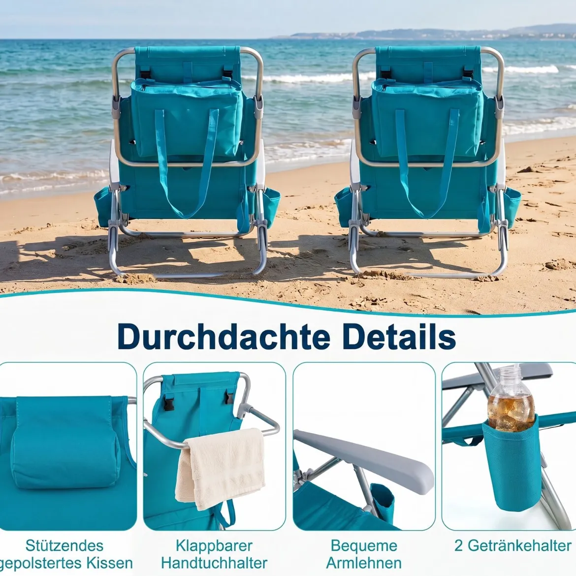 Strandstuhl 2er Set Campingstuhl Faltbar mit Verstellbarer Rückenlehne & Kopfstütze Türkis