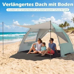 Strandzelt mit Vordach Strandmuschel UV-Schutz 50+ mit Reißverschlusstüren & Netzfenstern Grün
