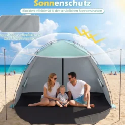 Strandzelt mit Vordach Strandmuschel UV-Schutz 50+ mit Reißverschlusstüren & Netzfenstern Grün