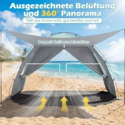 Strandzelt mit Vordach Strandmuschel UV-Schutz 50+ mit Reißverschlusstüren & Netzfenstern Grün
