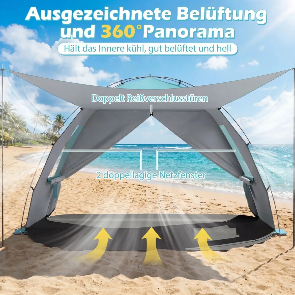 Strandzelt mit Vordach Strandmuschel UV-Schutz 50+ mit Reißverschlusstüren & Netzfenstern Blau
