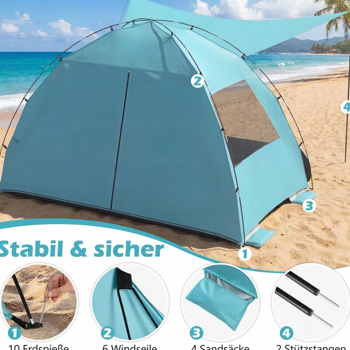 Strandzelt mit Vordach Strandmuschel UV-Schutz 50+ mit Reißverschlusstüren & Netzfenstern Blau