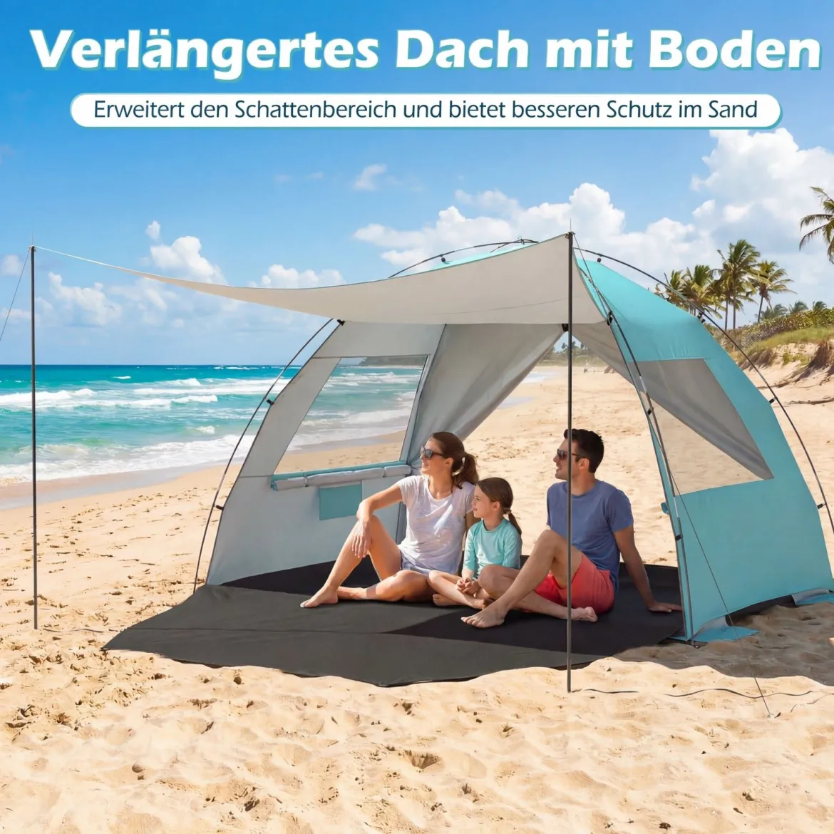 Strandzelt mit Vordach Strandmuschel UV-Schutz 50+ mit Reißverschlusstüren & Netzfenstern Blau