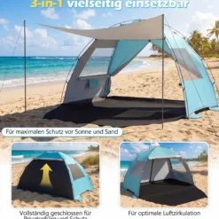 Strandzelt mit Vordach Strandmuschel UV-Schutz 50+ mit Reißverschlusstüren & Netzfenstern Blau