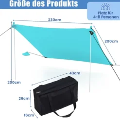Strandzelt 230 x 200 cm UPF 50+ Sonnenzelt mit Sandankern Sandsäcken und 2 Stützstangen Türkis