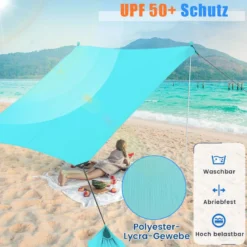 Strandzelt 230 x 200 cm UPF 50+ Sonnenzelt mit Sandankern Sandsäcken und 2 Stützstangen Türkis
