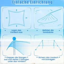 Strandzelt 230 x 200 cm UPF 50+ Sonnenzelt mit Sandankern Sandsäcken und 2 Stützstangen Türkis