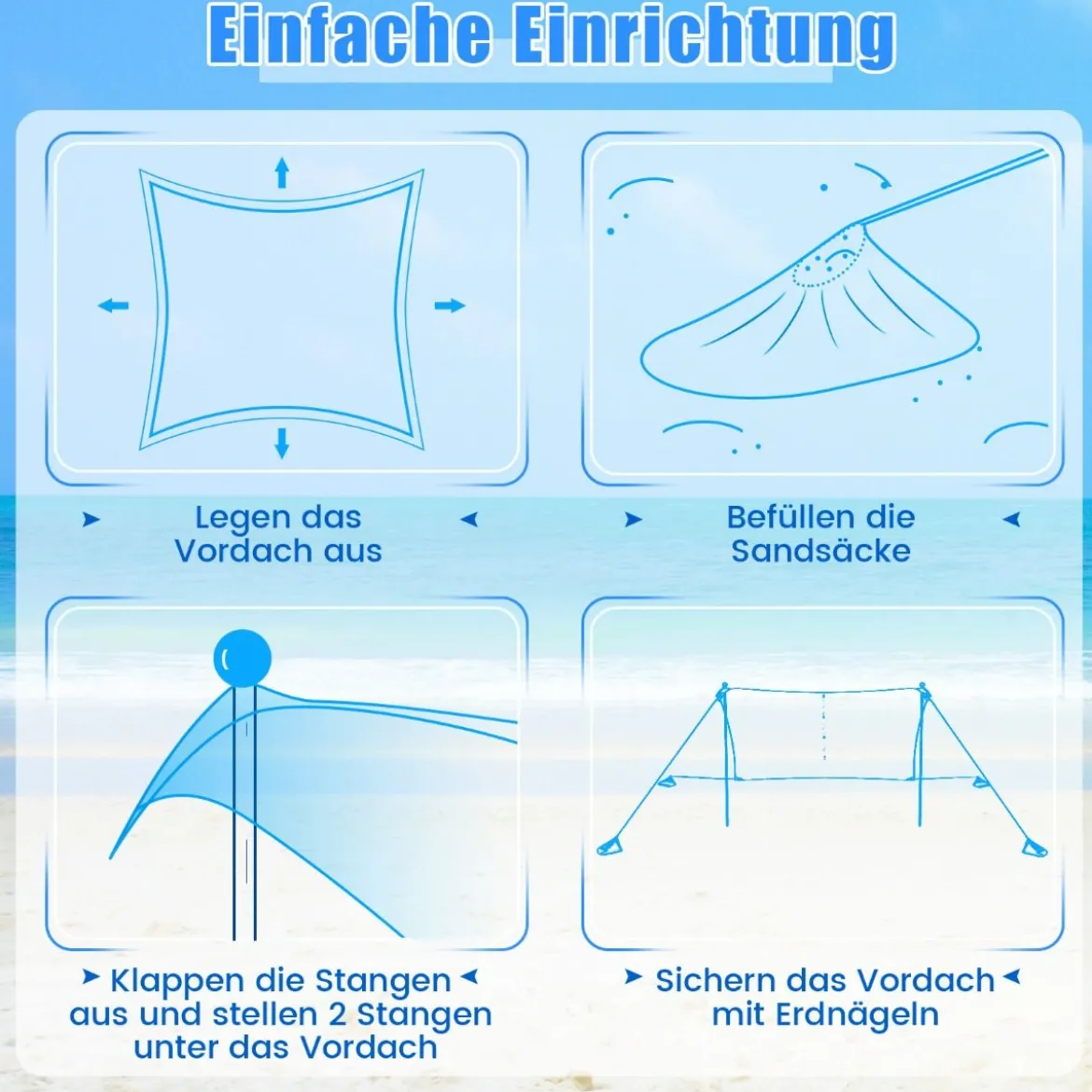 Strandzelt 230 x 200 cm UPF 50+ Sonnenzelt mit Sandankern Sandsäcken und 2 Stützstangen Türkis