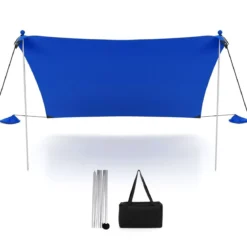 Strandzelt 230 x 200 cm UPF 50+ Sonnenzelt mit Sandankern Sandsäcken und 2 Stützstangen Blau