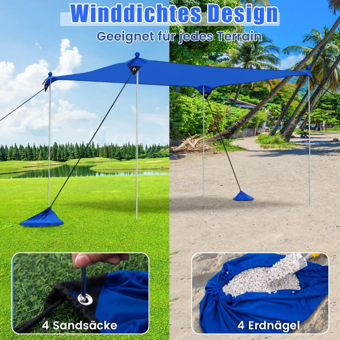 Strandzelt 230 x 200 cm UPF 50+ Sonnenzelt mit Sandankern Sandsäcken und 2 Stützstangen Blau