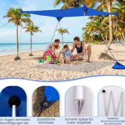 Strandzelt 230 x 200 cm UPF 50+ Sonnenzelt mit Sandankern Sandsäcken und 2 Stützstangen Blau