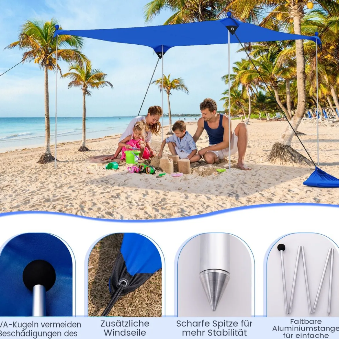 Strandzelt 230 x 200 cm UPF 50+ Sonnenzelt mit Sandankern Sandsäcken und 2 Stützstangen Blau
