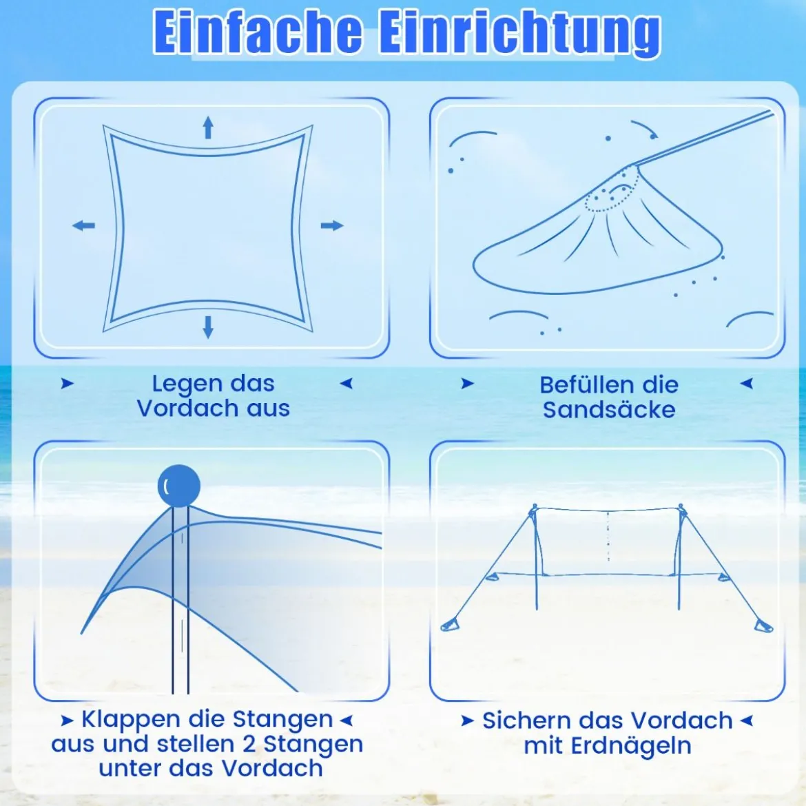 Strandzelt 230 x 200 cm UPF 50+ Sonnenzelt mit Sandankern Sandsäcken und 2 Stützstangen Blau